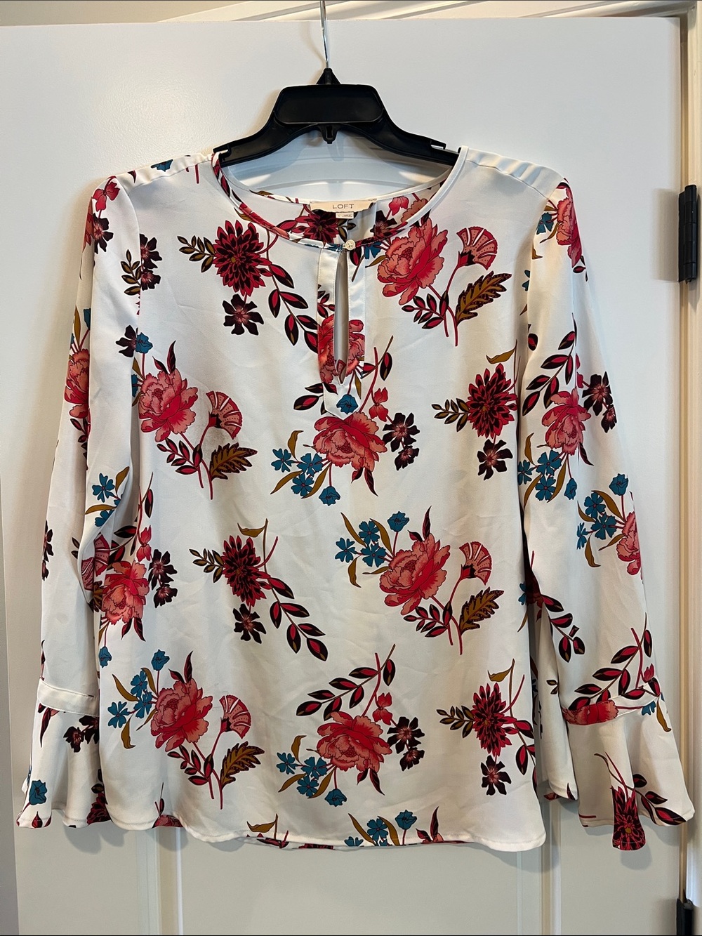 LOFT White Floral Keyhole Blouse - Pink & Blue Flowers